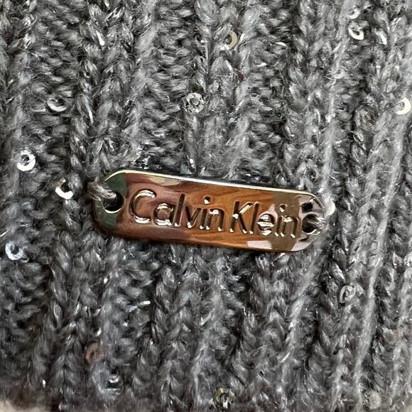 Calvin Klein Gray White Herringbone Striped Knit Winter Scarf Sparkle Sequin - Picture 4 of 6